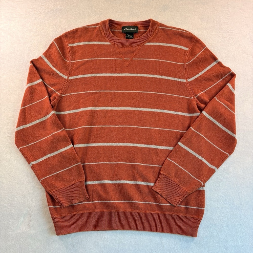 Eddie Bauer Sweater Mens Small Orange Rust Striped Cotton Knit Crewneck Pullover - Picture 1 of 6